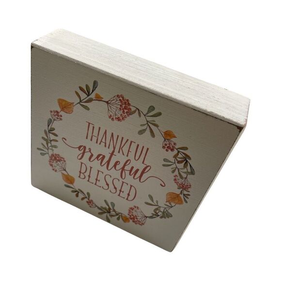 Thankful Grateful Blessed Whitewashed Distressed Wood Sign Quill to Paper NWT - Picture 2 of 6